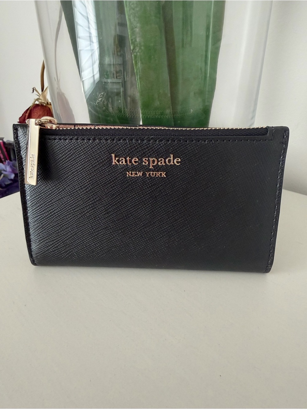 Kate Spade Black & Pink Slim Saffiano Leather Zip Wallet, NWT